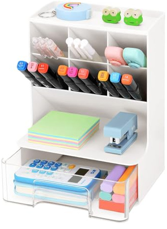 Organizador de Escritorio para Lápices Multifuncional Portalápices Escritorio con Cajones Soporte para Lápices de Bricolaje con 6 Compartimentos Portalapices para Escuela Oficina Hogar (Blanco 2)