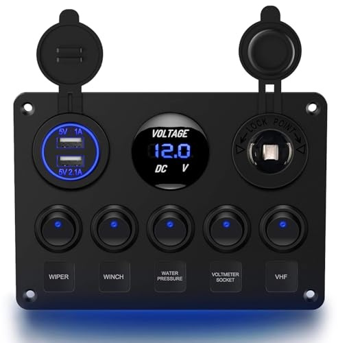 Greluma 1 Styck 5 vägs vippbrytarpanel med strömbrytare, 15A inbyggd säkring, digital voltmeter, USB laddare och 12V cigarettändaruttag för marin båt, bil