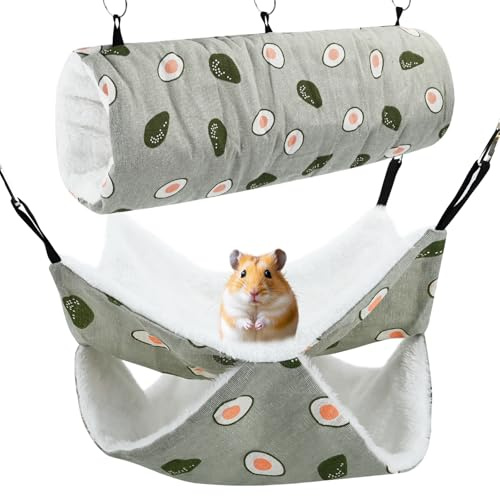 DiiWmme 2-Pack Soft Hamster Hammock Set - Plush Hammock and Tunnel for Guinea Pigs, Chinchillas, Ferrets and Other Small Pets - Cage Accessory for Hiding, Playing and Sleeping (Green Avocado)