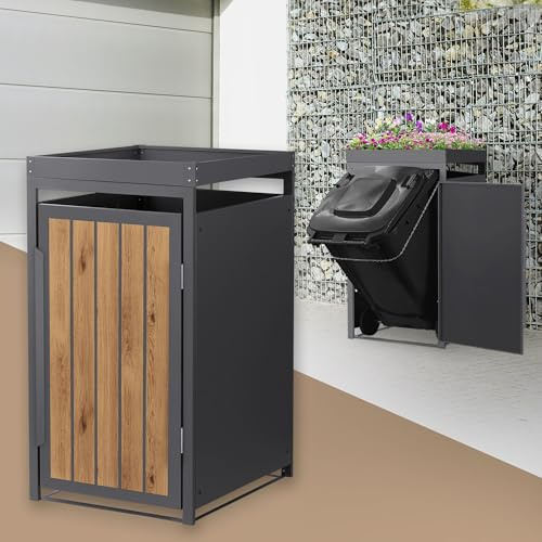 ML-Design Abri Cache 1 Poubelle 68x80x124cm 240L, Anthracite Aspect Bois Claire en Acier, Toit pour Plantes/Fleurs, Porte Clôture, Habillage Conteneur, Protection Visuelle, Résistant aux Intempéries