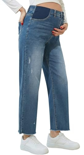 BLENCOT Women's Pregnancy Capri Jeans Ripped Raw Hem Straight Leg Stretchy Denim Pants Under Belly Elastic Panel Soft Comfy Casual Maternity Wear for Summer Baby Shower Postpartum Ashleigh Blue 2XL