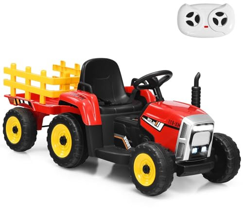 GYMAX Kids Electric Tractor with Detachable Trailer, Remote Control, LED Lights, Music, Horn, USB & Bluetooth, 12V Battery Powered Ride on Car for 3 Years Old + Boys Girls (Red)