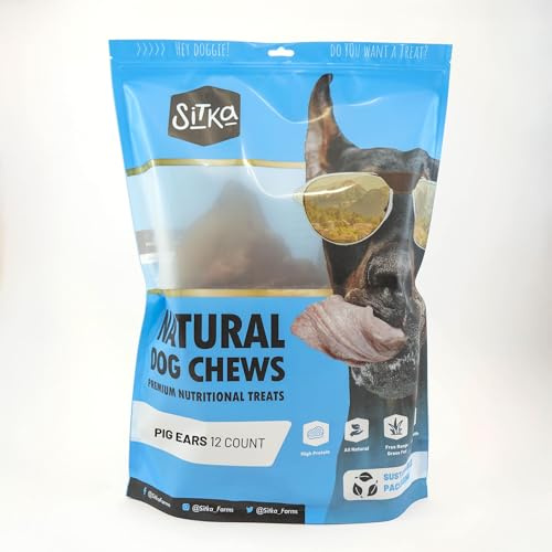 Sitka Farms Whole Pig Ears for Dogs 12 Count - All Natural Premium Dog Treats and Healthy Snacks for All Chewers - Highly Digestible Pork Chews - for Teeth Health Reward and Training Snack