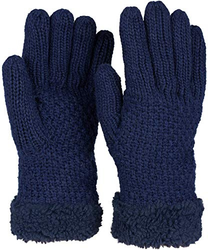 styleBREAKER Guantes de invierno para damas con estampado de perlas y vellón, guantes de punto térmico, guantes para los dedos 09010032, color:Azul oscuro