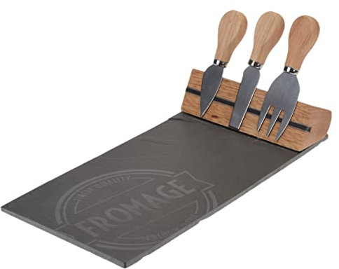 MIJOMA Lot de 4 planches à fromage en bois avec couteau à fromage et fourchette à fromage 26 x 37 cm