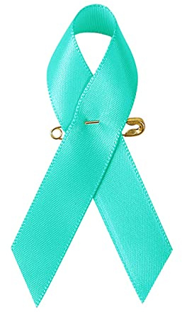 100 Pieces Teal Satin Awareness Ribbons with Safety Pins Cervical Cancer, Sexual Assault Awareness Accessories 1.4 * 3 inch