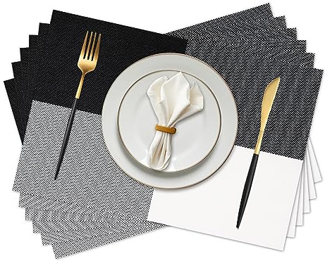 EDanle Vinyl Plastic Placemats Set of 6 Washable Heat Resistant Non-Slip Elegant Indoor Outdoor Kitchen Dining PVC Woven Table Place Mats (Black White Lattice Block)