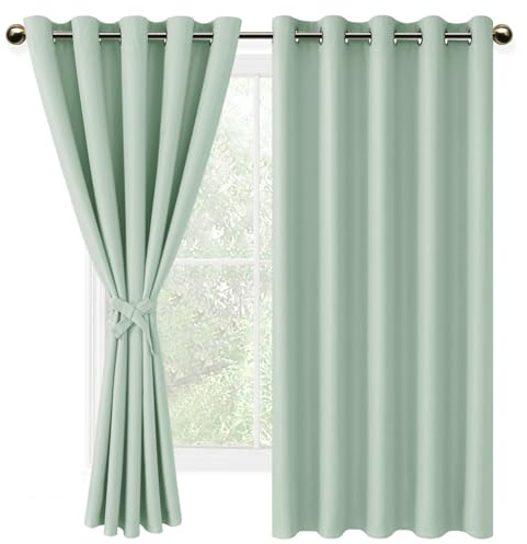 DWCN Blackout Curtains with Tiebacks for Bedroom Thermal Insulated Solid Eyelet Curtains for Living Room,2 Panels,66 Wide x 72 Drop Bean Green