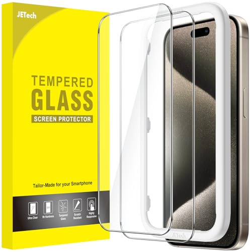 JETech Protector de Pantalla para iPhone 15 Pro Max 6,7 Pulgadas, Sin Burbujas, Cristal Vidrio Templado, con Marco de Instalación Fácil, Amigable para Funda, HD Transparente, 2 Unidades