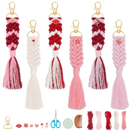INFUNLY 6 Sets Makramee-Schlüsselanhänger-Set Für Anfänger Valentinstag Makramee-Schlüsselanhänger-Set DIY-Makramee-Schlüsselanhänger-Set Boho-Makramee-Schlüsselanhänger-Set Mit Quasten Anleitung