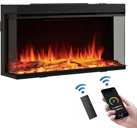 FLAMME 35”/90cm Knighton Platinum Smart Inset Media Wall Electric Fireplace 1-2-3 sided View Compatible with Alexa Deep Fuel Bed Perfect for Media Wall