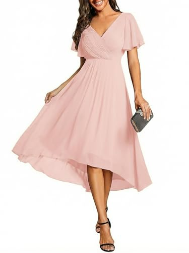 Ever-Pretty Boda Vestidos de Invitados Elegante Gasa Corto Mujeres Vestidos de Cóctel Vestidos de Novia Delantero Corto Espalda Largo Rosa 50