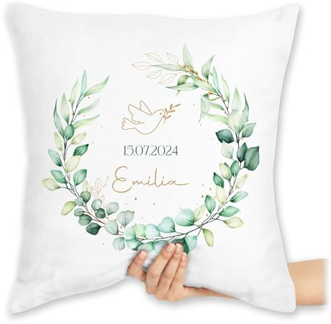 Kissen 40x40 Zierkissen - Taufe | Personalisierbares Motiv mit Taube und Eukalyptuskranz | Name und Datum - 40 x 40 cm - Weiß - taufkissen konfirmation Taufe￼ taufgeschenke taufgeschenk