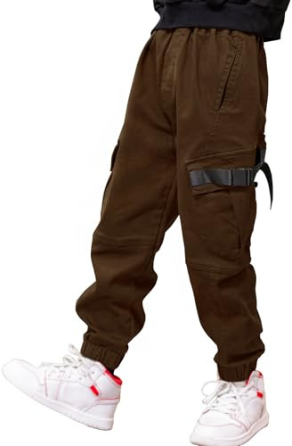 Pantalon Cargo pour Garçon,Style décontracté, Taille élastique, Enfant Jogging Uniforme Scolaire Pantalon de Sport(Marron,10-12ans)
