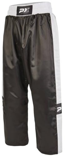 TEKKA BUDO Kickboxhose PX Topfight - schwarz-weiß mit Gummibund - Kickboxing Kampfsport Hose lang - Größe 150