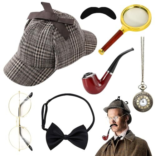 HIULLEN 7Stück Detektiv Kostüm Zubehör Set,Sherlock Holmes Zubehör mit Detektivhut Lupe Metallbrille Herrenfliege Bart,Detektiv Zubehör Victorian für Kinder Erwachsenen Halloween Cosplay KarnevalParty