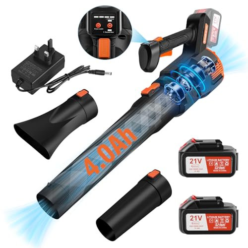 CHANGEMOORE 494CFM Brushless Leaf Blower Cordless with 2X4.0Ah Battery, Charger & 2 Nozzles, 21V Cordless 3-Speed Mode, Lightweight Battery Leaf Blower for Wet Leaves/Snow/Dust, Orange