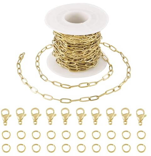 Sparkeads Catene a clip placcate in oro 18 carati, 5 m, in acciaio inox, con maglie ovali, con chiusura a moschettone, anelli di salto, per artigianato, bracciali, collane, portachiavi da donna