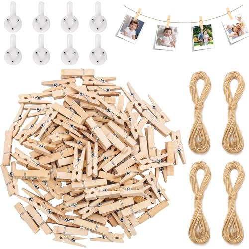 ZDNT 200 Stück Mini Holzklammern,3.5cm Holzklammern Klein,Wäscheklammern Holz,Mini Wäscheklammern,Kleine Holzklammern mit 40 Nägeln und 40m Leinen,für Hochzeit Party Foto Karte DIY und Basteln