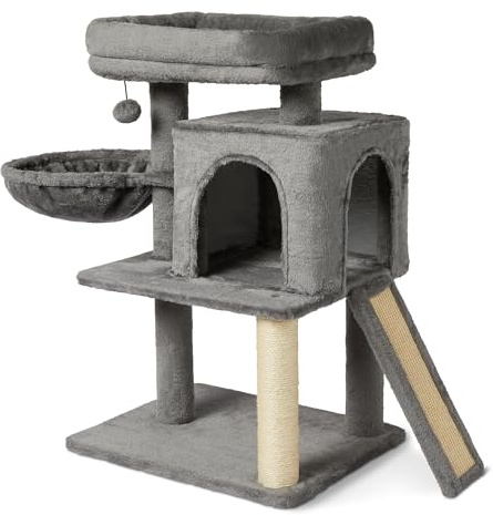 Amazon Basics Torre de Actividades de Escalada de Varios Niveles para Gatos y Gatitos de Interior con Rascadores, Casa para Gatos y Hamaca, Certificación FSC, M – 76,2 cm de Alto, Gris