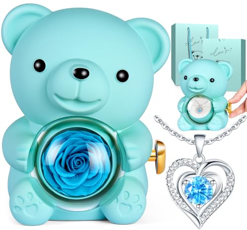 Aloskart Orso di Rosa Eterna con Collana a cuore, Orsetto Rosa Eterna Stabilizzata, Regalo San Valentino per lei, Idee Regalo Donna Compleanno, Regalo Natale per Moglie Mamma Fidanzata, Anniversario