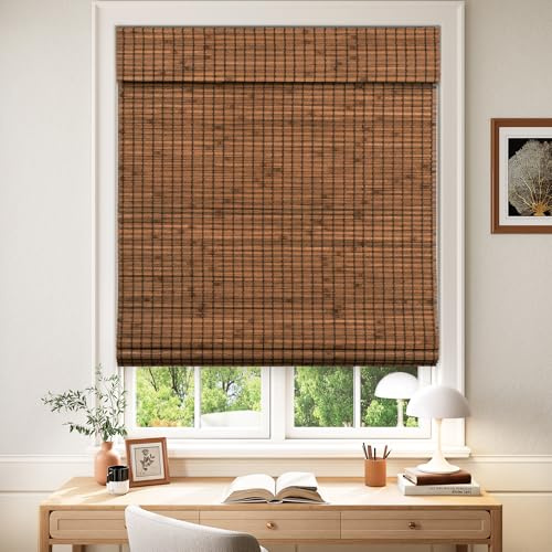 LazBlinds Cordless Blackout Bamboo Roman Shades, Room Darkening Blinds for Interior Windows, Thermal Insulated Roll Up Bamboo Blinds for Home & Patio, 26 W x 64 H, Penang Teak