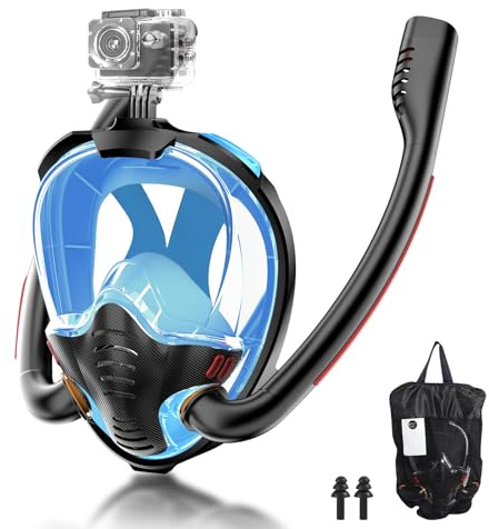 Maschera Snorkeling Adulto, Maschera a Pieno Facciale e Boccaglio Sicura da CO2 per Maschera Subacquea Adulti Mascher Facciale Snorkeling per Immersioni Libere Nuoto e Subacquea (Nero/Blu, L/XL)