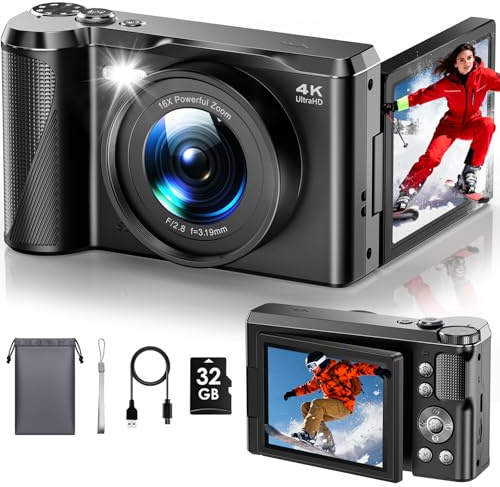 Digitalkamera 4K 56MP Focusinc Kamera Fotokamera mit 3'' 180° Klapp-Bildschirm, 16X Autofokus Digitalzoom Kompaktkamera mit 32G Karte, Vlogging-Kamera für Kinder Teenager Anfänger
