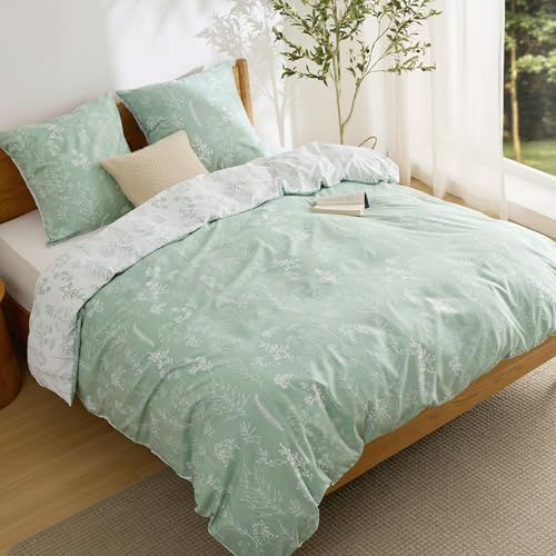 BEDSURE Ropa de cama 200x200 de 3 piezas - Juego de ropa de cama de 200 x 200 cm con 2 fundas de almohada de 65x65 cm, ropa de cama reversible OEKO-TEX en color salvia y flores para cama doble con