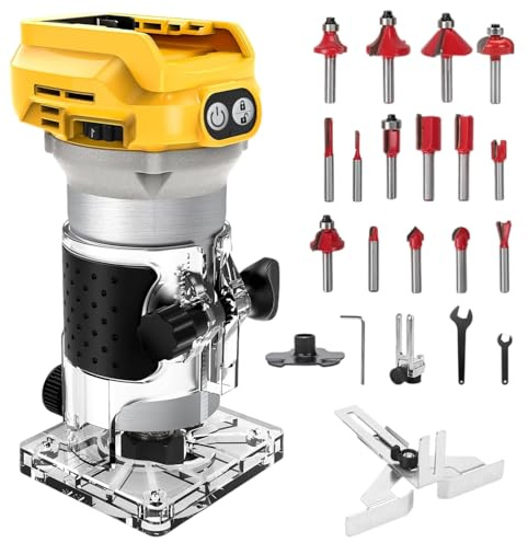 Fresatrice Verticale Compatibile con Dewalt 20V Batteria, Fresa Senza Spazzole da 1300W, 6 Velocità Portatile Fresatrice a Mano con Ruota di Guida, Guida Dritta, 15 Frese e 2 Chiavi (Senza Batteria)