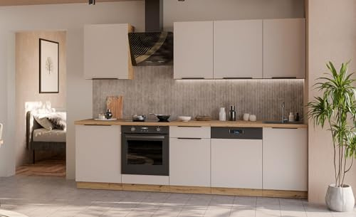 Kuechen-preisbombe Küche Solano Basic 280 cm Küchenzeile Küchenblock Einbauküche Kaschmir beige matt + Eiche Artisan matt
