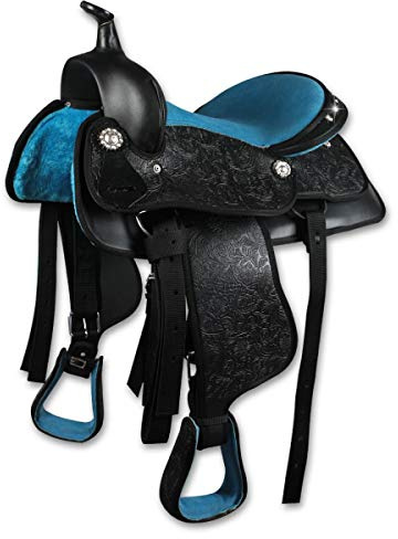 Silver Horse, Sella Western New Gen in Materiale Sintetico e Similpelle, Rinforzi di Nylon, Seggio e Staffe in Pelle Scamosciata, Sottosella Imbottito, Turchese 15” = 38 cm