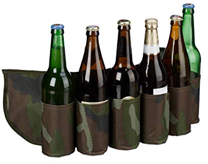 Relaxdays Ölbälte sexpack, för 6 burkar och flaskor, 0,2–0,5 l, ölhållare bälte kamouflage, justerbar, grön/brun