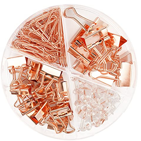 DANRONG 97 PCS Office Supplies for Women, Paper Clips, Binder Clips and Push Pins Set, Paperclips Thumb Tacks School and Home Desk Supplies, Desk Organized (Rose Gold)