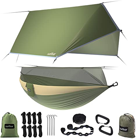 Sunyear Campinghängmatta – hängmattor med nät och regnflugpresenning – bärbar enkel och dubbel lätt hängmattor i nylon med hängmatta med trädremmar för backpacking vandring resor camping inomhus