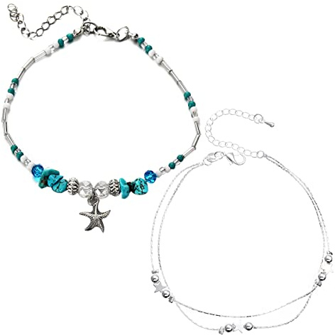 2 Pcs Ankle Bracelets for Women, Adjustable Beach Foot Chain, Layered Starfish Anklet, Boho Turquoise Star Ankle Bracelet for Kids Girls