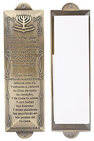 BRTAGG Mezuzá con cinta adhesiva de doble cara,14 cm de altura,Bronce,escritura española y hebrea,Fácil de despegar y pegar mezuzah
