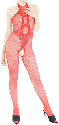 Öppen Fishnet Jumpsuit – Ultraelastiska Underkläder – Röd – Jul – 40-75 Kg