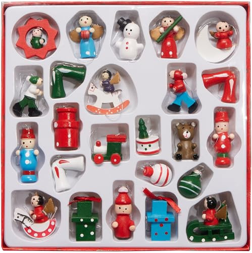 BRUBAKER 24 Pezzi Decorazioni per Albero di Natale in Legno - Figure Alte Fino a 4 cm - Set Tradizionale di Ciondoli Natalizi in Legno Dipinti a Mano - Regali - Locomotiva - Pupazzo di Neve