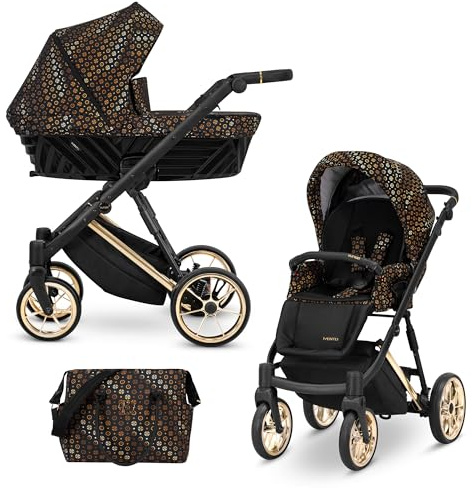 Kunert® IVENTO 2 en 1 Cochecito de bebé combi juego completo, incluye capazo y asiento deportivo con bolsa cambiador/protector de lluvia + saco para los pies I IVE 02 negro estilo dorado/marco dorado