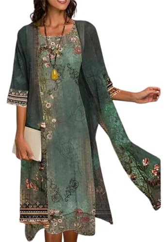Costaric Conjunto de dos piezas Vestido maxi para mujeres Cárdigan de gasa Vestidos midi con estampado floral para invitada de boda, XL