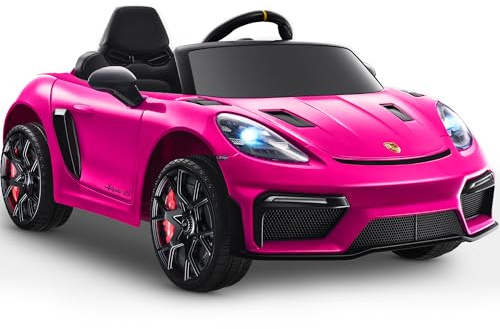 First Ride On Licensed Porsche 718 12V Ride on Toy for Toddler, Ride on Car for Kids with Remote Control, Child Electric Car w/Horn, Radio, USB, Spring Suspension, Opening Door, Led Light (Pink)