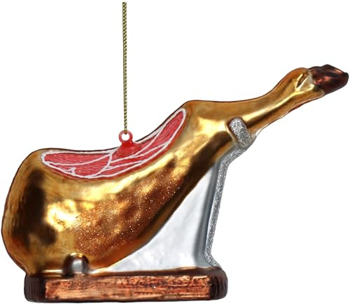Christbaumschmuck Glas 15,2cm - Schweinekeule Figur zum Aufhängen - handbemalt & mit Glitzer - Weihnachtsbaum Anhänger für Weihnachten - Christbaumanhänger & Weihnachtsbaumschmuck - Schinken Gold