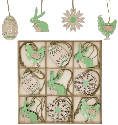 Valery Madelyn 18 Stück 5cm Anhänger, Holzdeko zum Aufhängen, Osterschmuck aus Holz, Osterhasen Eier Hühner und Blumen Dekohänger für Ostern Frühling Deko - Grün