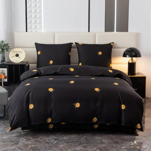 Cotton Market Ropa de Cama de 155 x 200 cm – Ropa de Cama de Microfibra algodón – Otoño Juegos de Ropa de Cama de 3 Piezas con Cremallera – Funda nórdica con Flores y 2 Fundas de Almohada de 70 x 80
