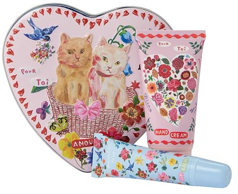 Vintage & Co Beauty Hand Cream 30ml and Lip Balm 10ml, Display Tray in Heart Shaped Tin, Shea Butter, Rose Fragrance Hand Moisturiser, Travel Size, Gift For Her, Cruelty Friendly and Vegan Friendly