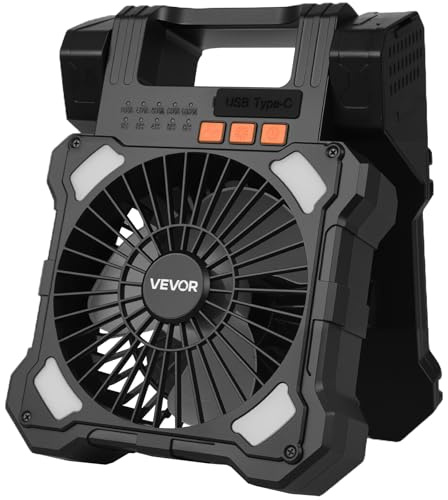 VEVOR Soldriven campingfläkt, bärbar solfläkt 10 000 mAh, 8 tums USB-uppladdningsbart batteri drivs med ljus, 5-växlad och timer tysta utomhusfläktar för picknick, grill, fiske, resor