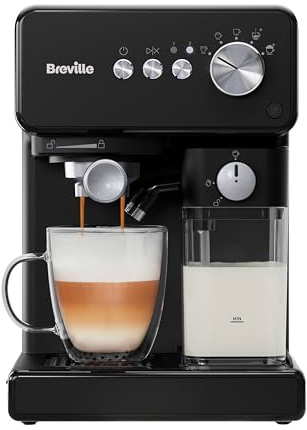 Breville Prima Latte Cafetera Espresso de Un Solo Toque | Espumador de Leche Automático | Máquina de Café para Capuchinos, Lattes y Más | Bomba Italiana de 15 Bares | Negro | VCF183X