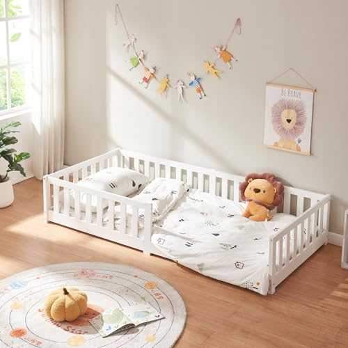 [en.casa] Kinderbett Tanna Bodenbett 90 x 200 cm Holzbett für Kinder mit Rausfallschutz Montessori Bettgestell mit Lattenrost Kiefernholz Weiß