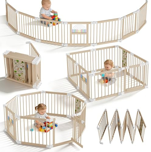 UISEBRT XXL Laufstall Baby Holz mit 2 Spielcenter,Verstellbare Größe & Form Laufgitter mit doppelter Sicherung,Faltbar kinderlaufstall 8 Elemente Absperrgitter für Babys und Kleinkinder,ohne matratze